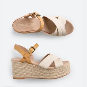 TOMS canvas honey leather wedges